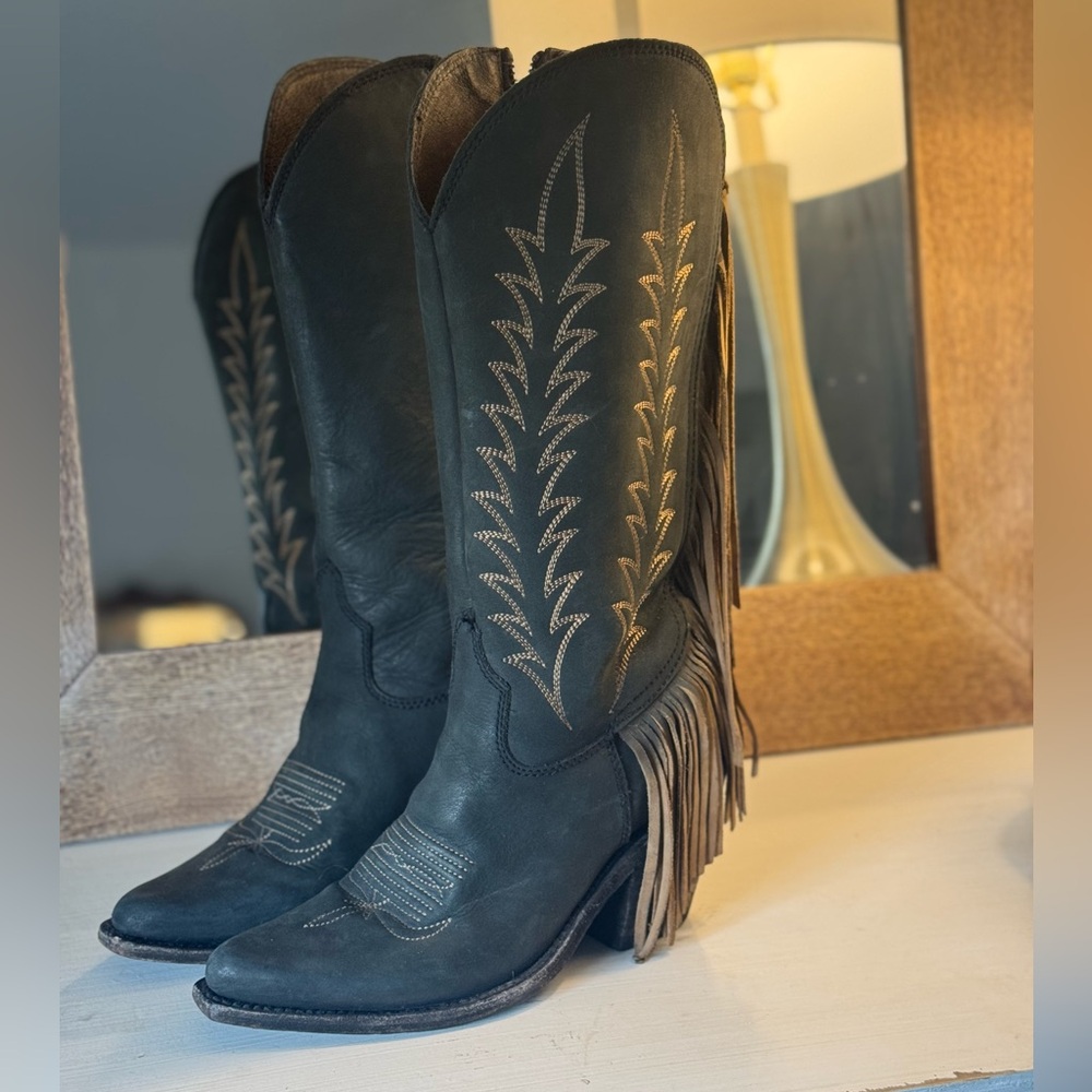 LIBERTY Black Embroidered Fringe Cowboy Boots
